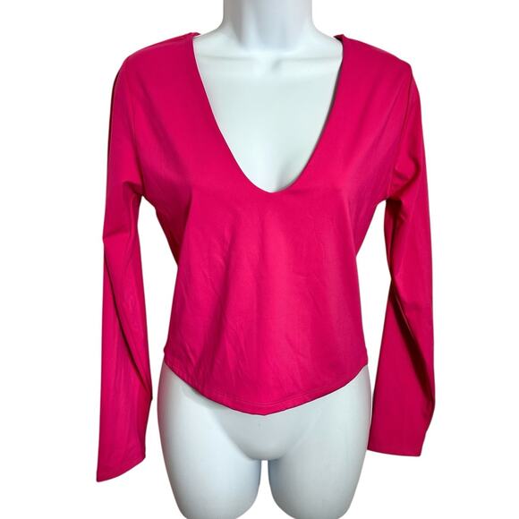 Forever 21 Contour Sculpt Shape V-Neck Long-Sleeve Crop Top Sz Large Pink New - Picture 6 of 8